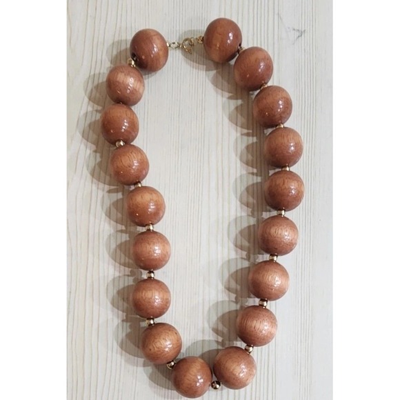Vintage Big Wood Bead Ball Necklace Boho, 17" - Picture 2 of 2